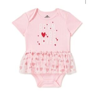 NWT Baby Girl 0-3M Valentine's Day Pink Heart‎ Tutu Bodysuit Born to Be Loved